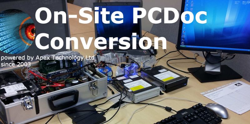 On-Site PCDoc conversion being undertaken from the MO disks and Central Cache cc00001.bin files. The raw data from the pcdoc system is read from the disks without the need for having a currently running PCDoc system.